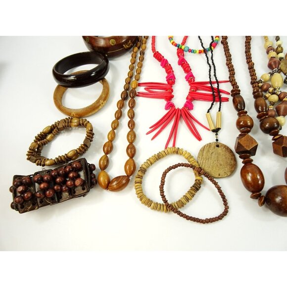 Wood Jewelry Lot 30pc Wooden Necklaces Bracelets - Picture 8 of 15